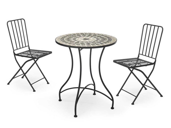 IBERGARDEN Set Mesa Mosaico Gris y 2 Sillas Forja Negra Metal Cerámica 100x30x65 cm