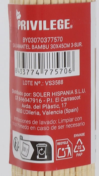 Privilege Salvamanteles de Bambú, 30 x 45 cm, Pack de 3 unidades, Surtido de Colores (24 Unidades)