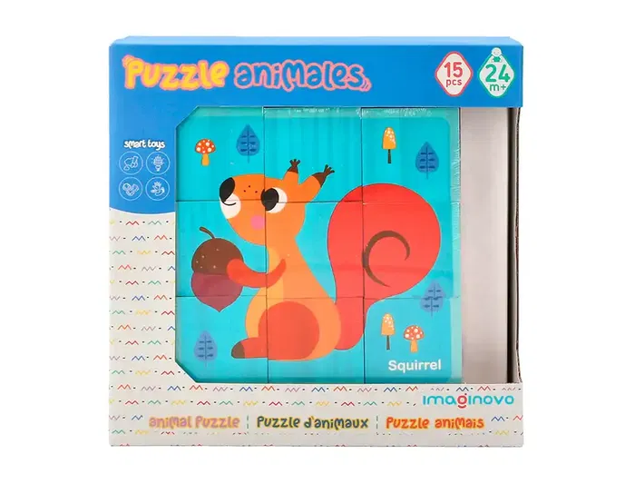 Imaginovo Puzle Infantil de Madera Cubos de Animales +24 Meses 15 Piezas 12 Patrones 22x22x6.4cm