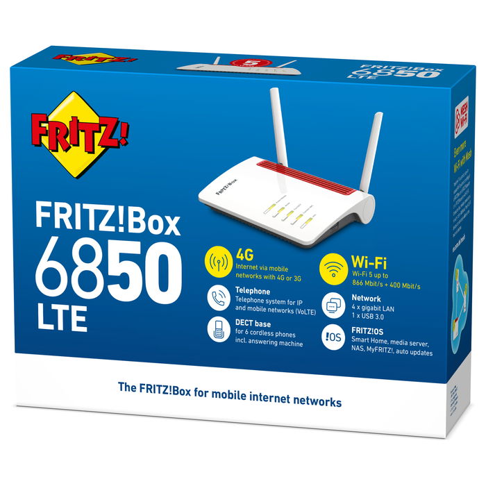 AVM Fritz! Box 6850 LTE Router WLAN Wi-Fi 5 (802.11ac) Doble Banda Gigabit Ethernet 4G Blanco