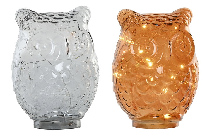 DKD Home Decor Decoración Luminosa Buho Transparente Ámbar Cristal Led 12 x 20 x 15 cm (2 Unidades)