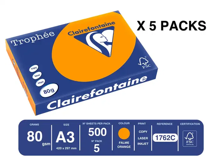 Trophee Papel Color A3 80gr Naranja Intenso Paquete 500 Hojas para Ink-jet, Láser y Fotocopiadoras