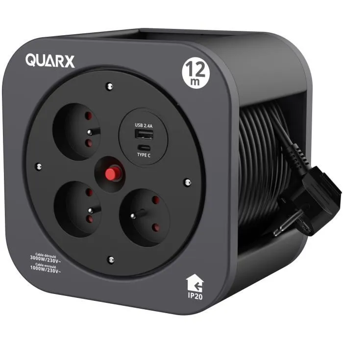 Quarx QUA1719191081312 Carrete S-Box 12m 3 Tomas 16A USB Tipo A y C
