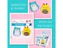 Wondee Set de 12 Parches para Planchar Squishmallow, Personajes Winston el Búho y Sunny la Abeja, Personalización de Ropa y Accesorios
