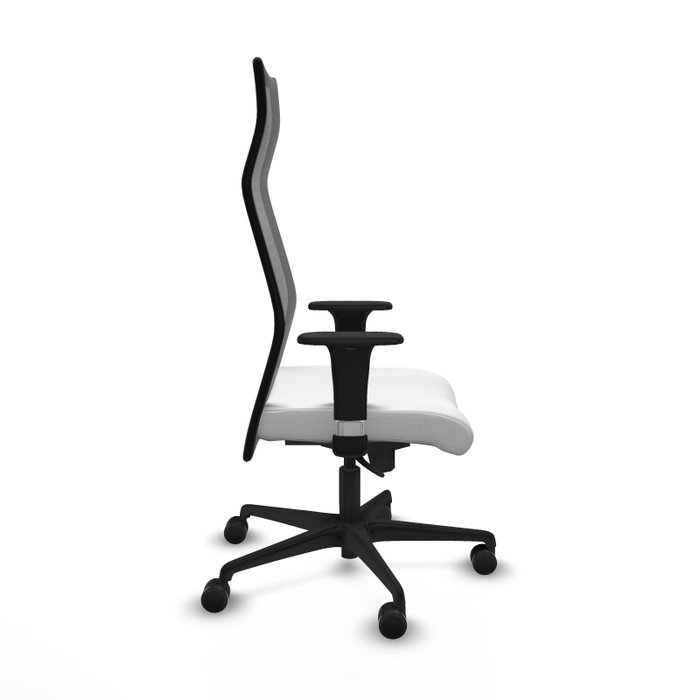 Sillón Albacete con mecanismo Sincro tapizada con Tela color Blanco y malla color Negro. Equipado con Base nailon negra, Brazos 1D y Ruedas 65mm nailon