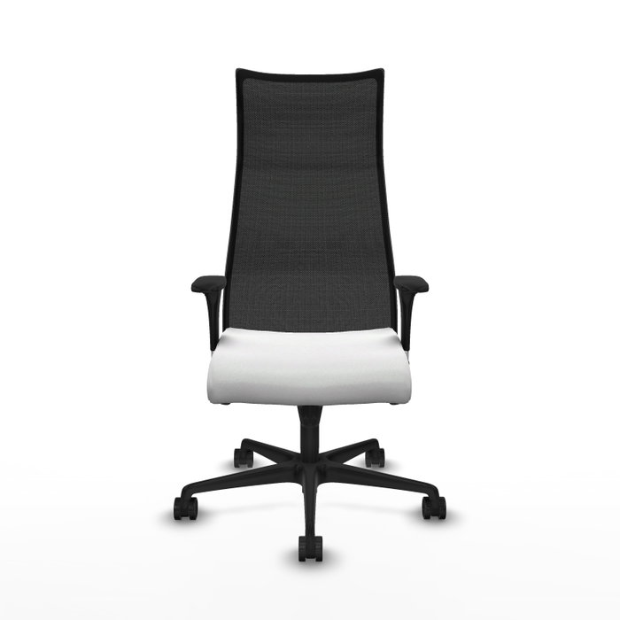 Sillón Albacete con mecanismo Sincro tapizada con Tela color Blanco y malla color Negro. Equipado con Base nailon negra, Brazos 1D y Ruedas 65mm nailon