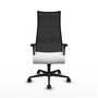 Sillón Albacete con mecanismo Sincro tapizada con Tela color Blanco y malla color Negro. Equipado con Base nailon negra, Brazos 1D y Ruedas 65mm nailon