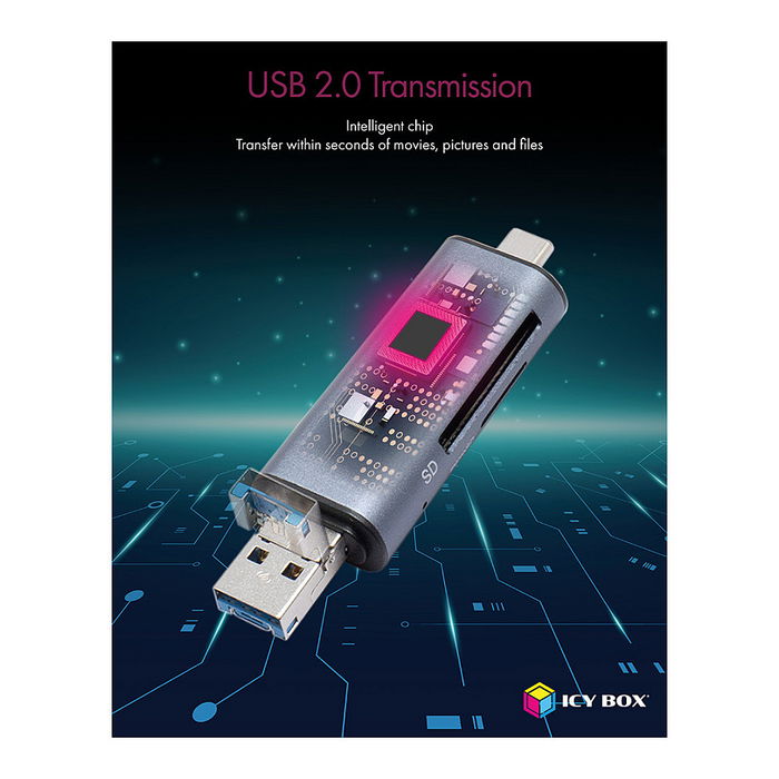 ICY BOX IB-CR200-C Lector de Tarjetas Multi-USB SD/MicroSD, Compatible con Tarjetas SD y MicroSD, Conexión USB 2.0