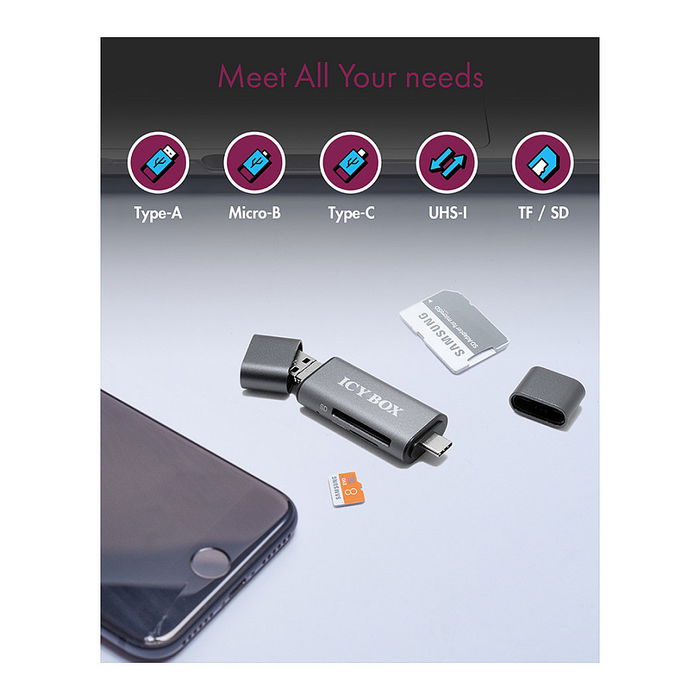 ICY BOX IB-CR200-C Lector de Tarjetas Multi-USB SD/MicroSD, Compatible con Tarjetas SD y MicroSD, Conexión USB 2.0