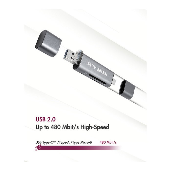 ICY BOX IB-CR200-C Lector de Tarjetas Multi-USB SD/MicroSD, Compatible con Tarjetas SD y MicroSD, Conexión USB 2.0