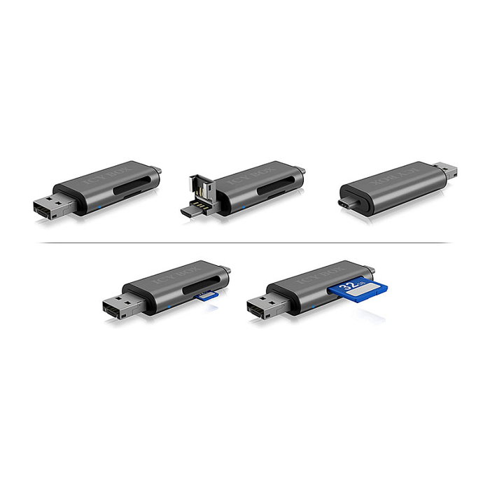 ICY BOX IB-CR200-C Lector de Tarjetas Multi-USB SD/MicroSD, Compatible con Tarjetas SD y MicroSD, Conexión USB 2.0