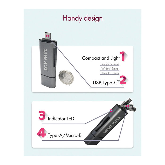 ICY BOX IB-CR200-C Lector de Tarjetas Multi-USB SD/MicroSD, Compatible con Tarjetas SD y MicroSD, Conexión USB 2.0