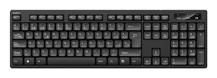 Belkin BBZ010SP Pack Teclado y Ratón Inalámbrico 2.4GHz Teclas Planas, Español QWERTY, Panel Numérico, Funciones Multimedia, Ergonómico, Resistente a Salpicaduras, Color Negro