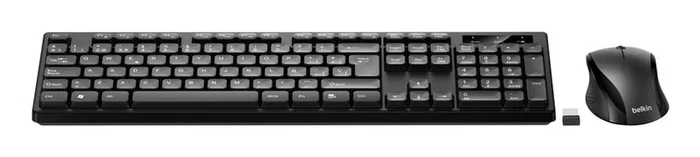 Belkin BBZ010SP Pack Teclado y Ratón Inalámbrico 2.4GHz Teclas Planas, Español QWERTY, Panel Numérico, Funciones Multimedia, Ergonómico, Resistente a Salpicaduras, Color Negro