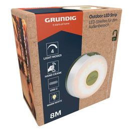 Grundig Guirnalda LED Retráctil Exterior 8 m con Batería Recargable 1200 mAh, Luz Cálida, 4 Funciones (Fija, Intermitente, Pulsante, Brillante) y Cable USB-C