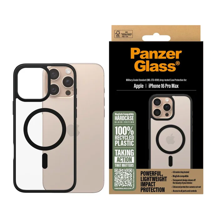 PanzerGlass HardCase Funda con Magsafe Negra Transparente y Marco, Resistente a Golpes, Certificado MIL-STD-810H, para iPhone 16 Pro Max