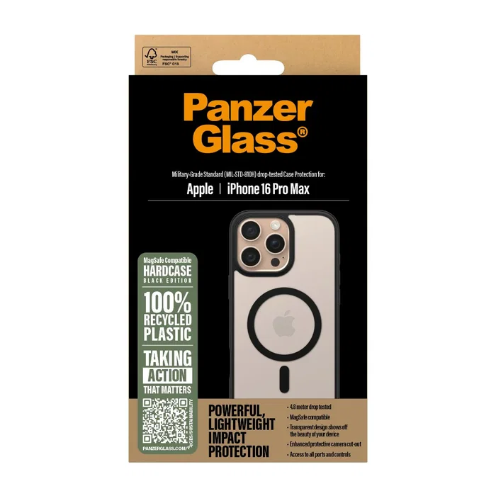 PanzerGlass HardCase Funda con Magsafe Negra Transparente y Marco, Resistente a Golpes, Certificado MIL-STD-810H, para iPhone 16 Pro Max