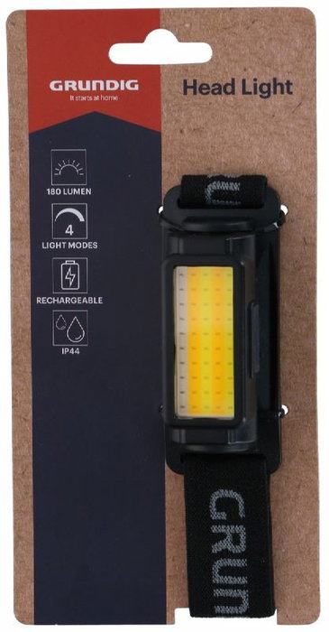 Grundig Linterna Frontal LED Recargable, 180 Lúmenes, Luz Blanca, Ideal para Senderismo y Running, Modelo de Referencia