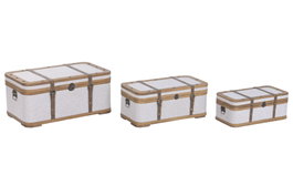 DKD Home Decor Baúl Alpino Blanco y Marrón, 3 Piezas, Madera y Poliéster, 70 x 40 x 31 cm