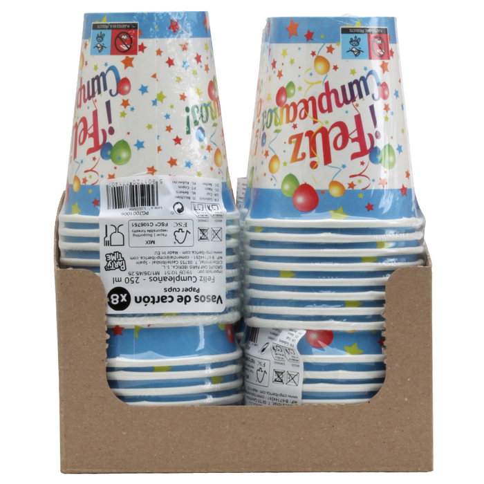 Party Time Juego De 8 Vasos Cartón 250 Ml