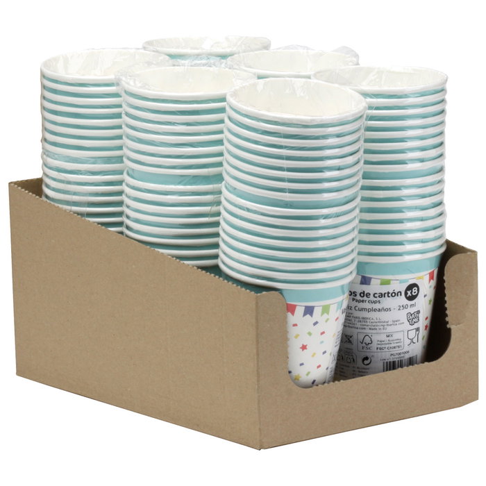 Party Time Juego De 8 Vasos Cartón 250 Ml