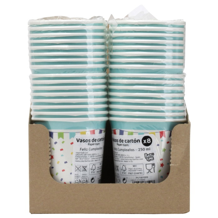 Party Time Juego De 8 Vasos Cartón 250 Ml