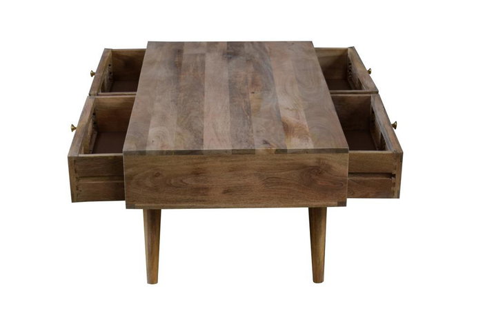 DKD Home Decor Mesa de Centro de Mango y Ratán con Rejilla, 115x60x46 cm, Natural