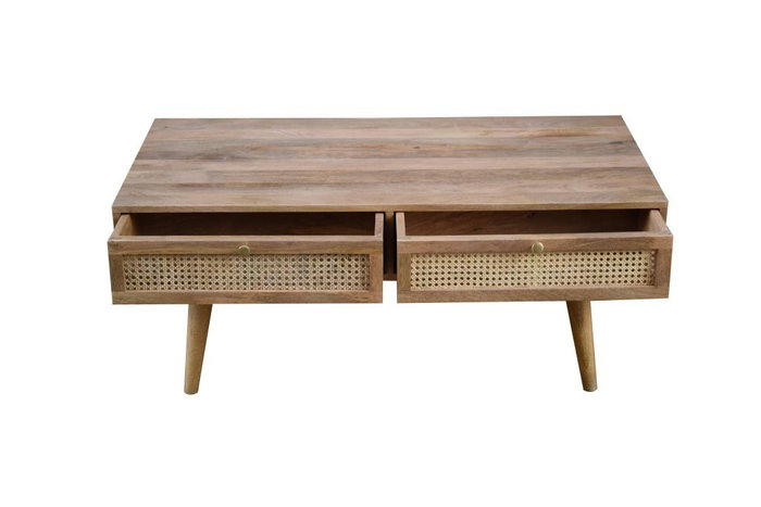 DKD Home Decor Mesa de Centro de Mango y Ratán con Rejilla, 115x60x46 cm, Natural