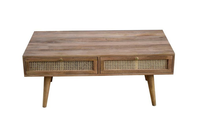 DKD Home Decor Mesa de Centro de Mango y Ratán con Rejilla, 115x60x46 cm, Natural