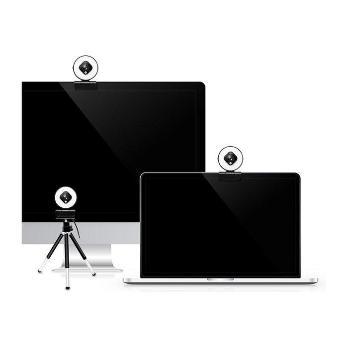 LogiLink Webcam FHD con campo de visión de 76°, doble micrófono, enfoque automático, anillo de luz y trípode