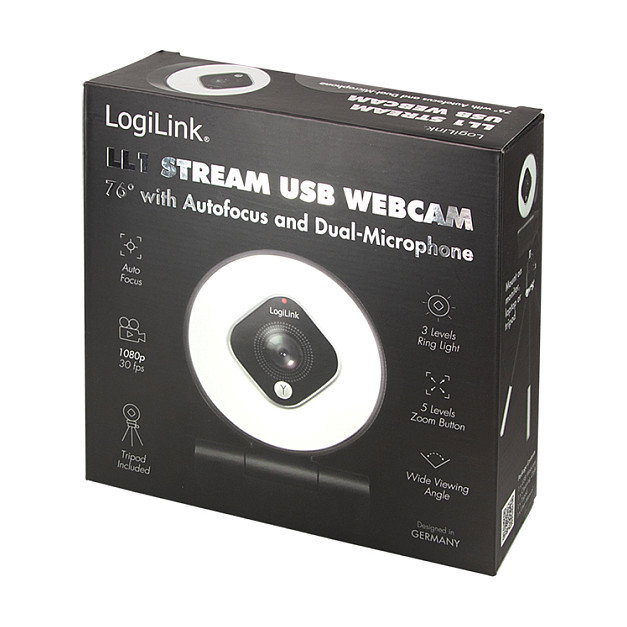 LogiLink Webcam FHD con campo de visión de 76°, doble micrófono, enfoque automático, anillo de luz y trípode