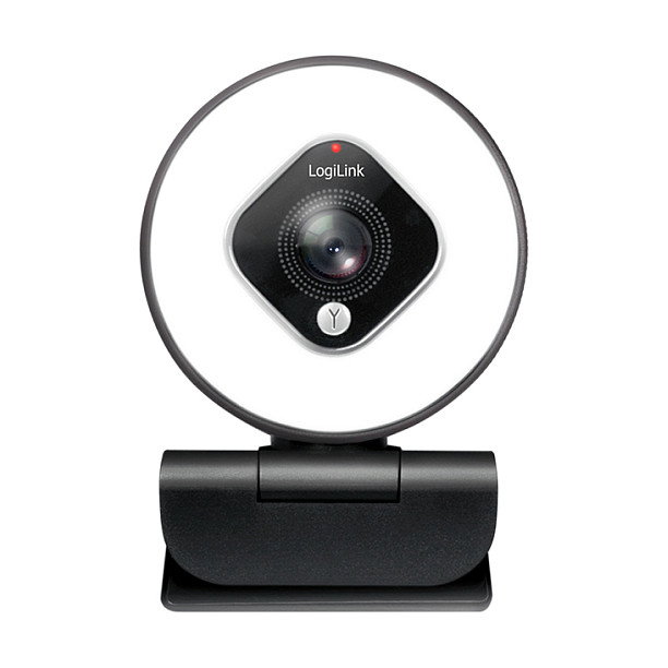 LogiLink Webcam FHD con campo de visión de 76°, doble micrófono, enfoque automático, anillo de luz y trípode