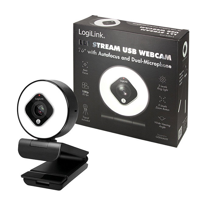 LogiLink Webcam FHD con campo de visión de 76°, doble micrófono, enfoque automático, anillo de luz y trípode