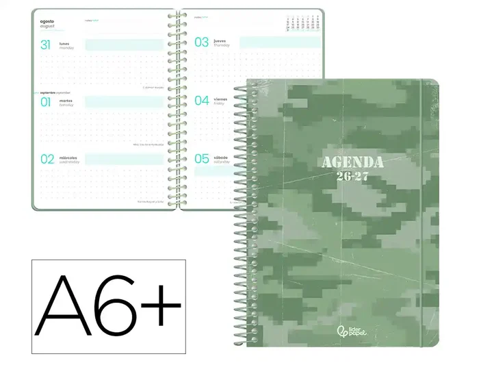 Liderpapel Agenda Escolar 2026-2027 Military - Semana Vista A6+, Bilingüe (Español/Inglés), Espiral, Tapa Dura, Interior con Punteado, 80g FSC, Color Verde Liderpapel Agenda Escolar 2026-2027 Military - Semana Vista A6+, Bilingüe (Español/Inglés), Espiral, Tapa Dura, Interior con Punteado, 80g FSC, Color Verde