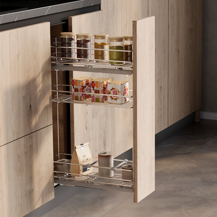 Emuca Botellero extraíble SupraMax con cierre suave, lateral izquierdo, 3 bandejas, módulo 200mm, Acero, Cromado