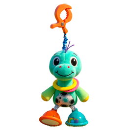 Playgro Dingly Dangly Denny Dino Juguete Colgante Infantil con Sonajero, Espejo y Clip - Multilingüe (Inglés, Francés, Alemán, Italiano, Portugués, Español)
