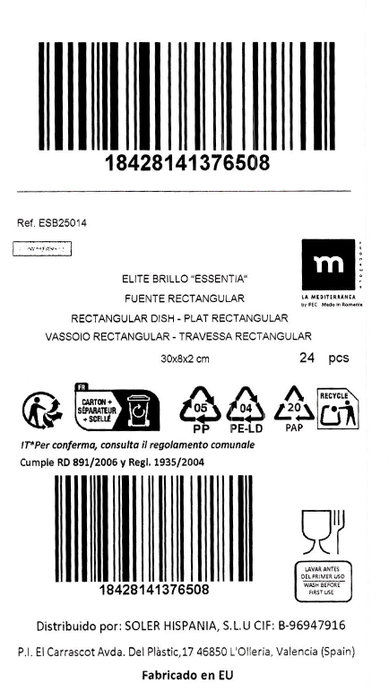 La Mediterranea Fuente Rectangular Essentia Elite Brillo 30x8x2 cm