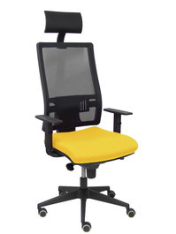 Silla de oficina Horna con mecanismo Sincro tapizada con Tela color Amarillo y malla color Negro. Equipada con lumbar 1D, Brazos 1D, Cabecero Fijo y Ruedas de parqué