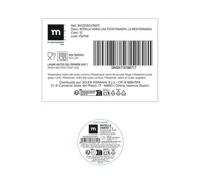 La Mediterran Botella Vidrio Lisa Transparente 1L 8.7 x 8.7 x 27.8 cm (24 Unidades) La Mediterran Botella Vidrio Lisa Transparente 1L 8.7 x 8.7 x 27.8 cm (24 Unidades)