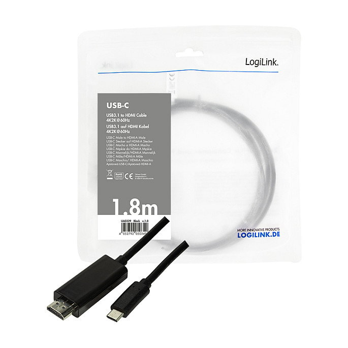 LogiLink Cable USB-C a HDMI-A 4K/60 Hz, 1,8 m, negro