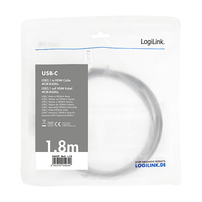 LogiLink Cable USB-C a HDMI-A 4K/60 Hz, 1,8 m, negro