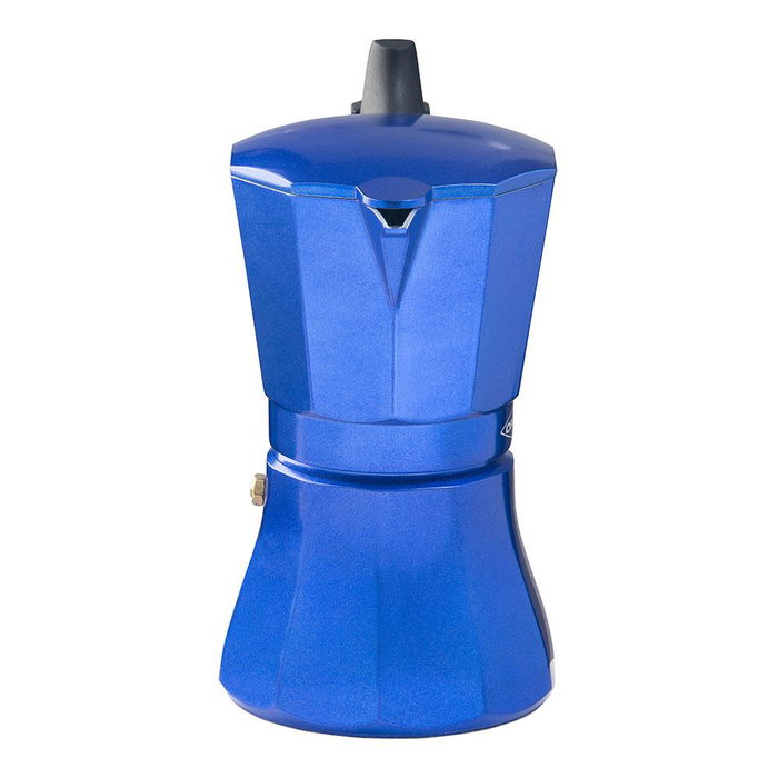 Oroley Cafetera Modelo Petra de Aluminio para 6 Tazas Color Azul - Apta para Inducción, Gas, Vitro y Eléctrica con Mango de Baquelita Negra Soft-Touch y Válvula de Seguridad