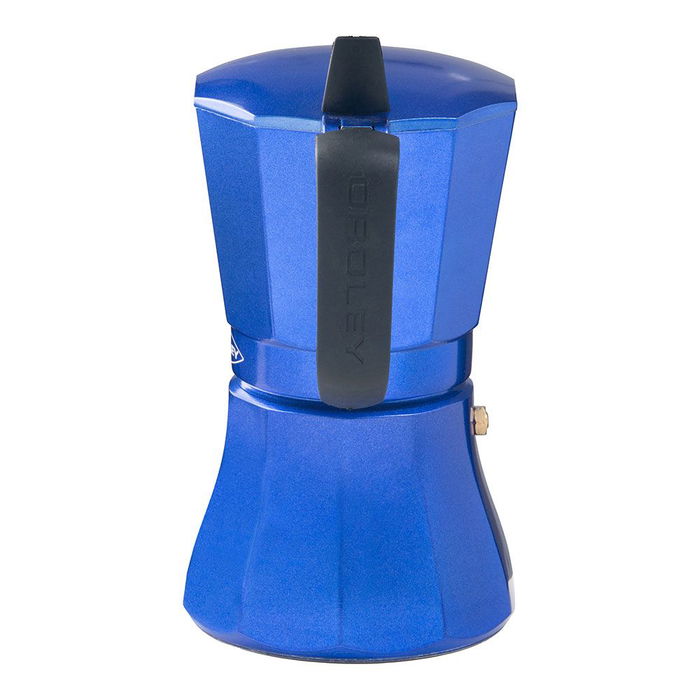 Oroley Cafetera Modelo Petra de Aluminio para 6 Tazas Color Azul - Apta para Inducción, Gas, Vitro y Eléctrica con Mango de Baquelita Negra Soft-Touch y Válvula de Seguridad