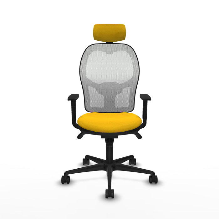 Silla de oficina Jorquera con mecanismo Sincro tapizada con Tela color Amarillo y malla color Blanco. Equipada con lumbar 1D, Brazos 1D, Cabecero 2D y Ruedas 65mm nailon