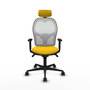 Silla de oficina Jorquera con mecanismo Sincro tapizada con Tela color Amarillo y malla color Blanco. Equipada con lumbar 1D, Brazos 1D, Cabecero 2D y Ruedas 65mm nailon
