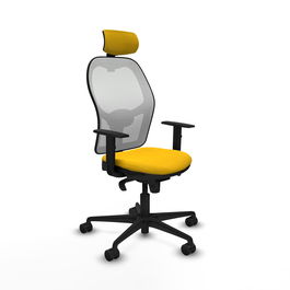 Silla de oficina Jorquera con mecanismo Sincro tapizada con Tela color Amarillo y malla color Blanco. Equipada con lumbar 1D, Brazos 1D, Cabecero 2D y Ruedas 65mm nailon