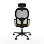 Silla de oficina Jorquera con mecanismo Sincro tapizada con Tela color Amarillo y malla color Blanco. Equipada con lumbar 1D, Brazos 1D, Cabecero 2D y Ruedas 65mm nailon