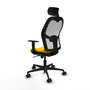 Silla de oficina Jorquera con mecanismo Sincro tapizada con Tela color Amarillo y malla color Blanco. Equipada con lumbar 1D, Brazos 1D, Cabecero 2D y Ruedas 65mm nailon
