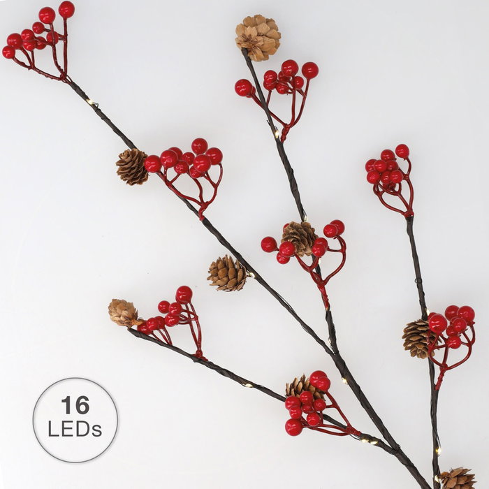 GSC Evolution Rama decorativa LED de piñas y bayas rojas 0,75M Luz cálida