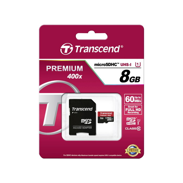 Transcend 8GB microSDHC Tarjeta de Memoria Clase 10 UHS-I (U1), 90 MB/s, Negro/Rojo, con Adaptador SD